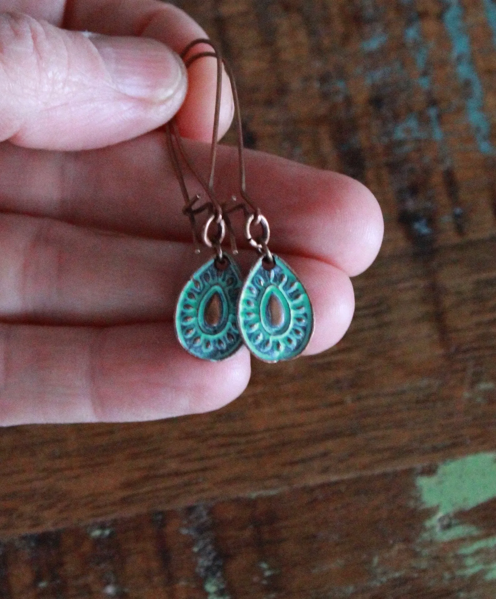 Blue Boho Earrings, Patina Copper Earrings, Long Bohemian Earrings, Long Drop Earrings, Blue Jewelry