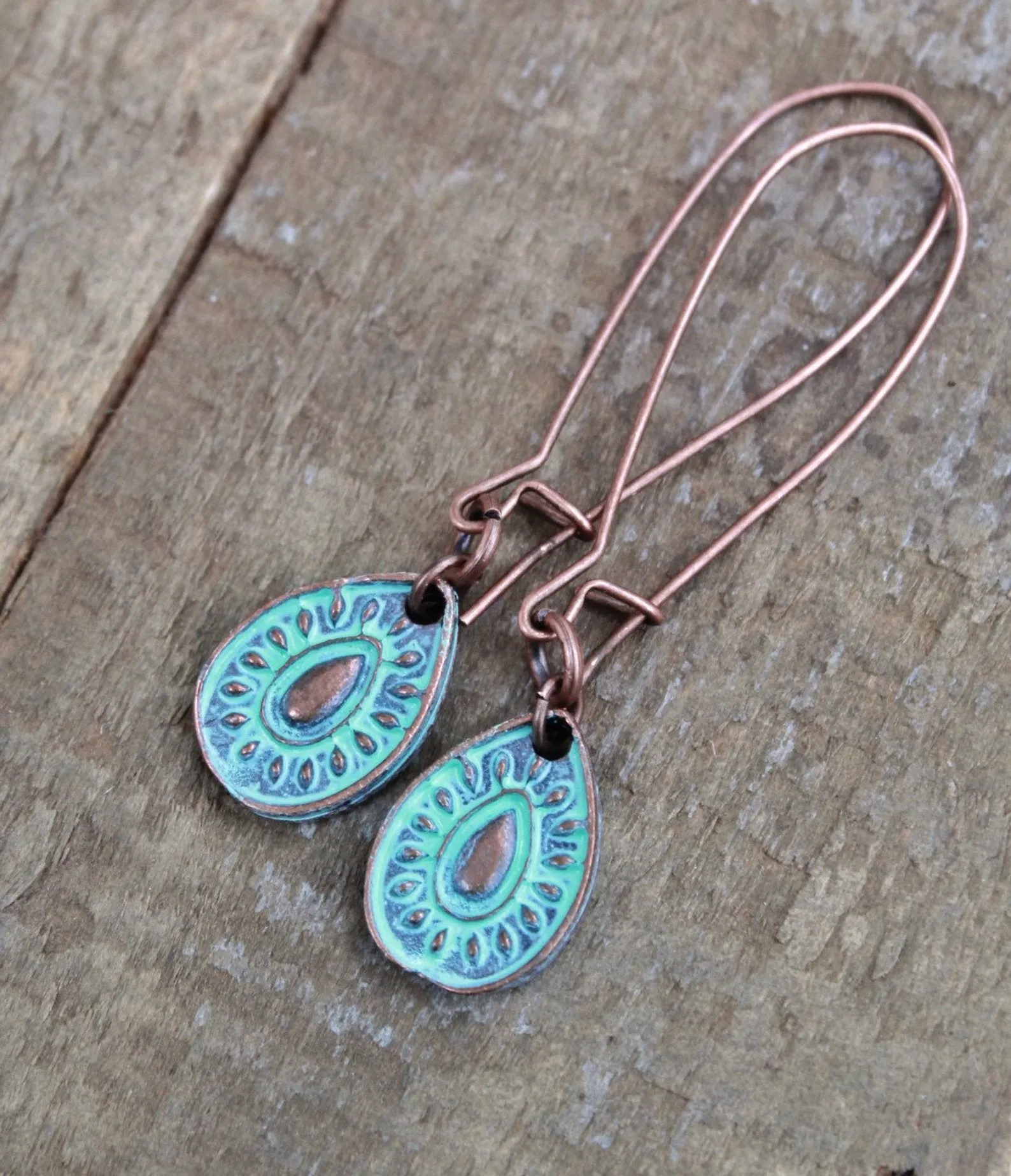 Blue Boho Earrings, Patina Copper Earrings, Long Bohemian Earrings, Long Drop Earrings, Blue Jewelry