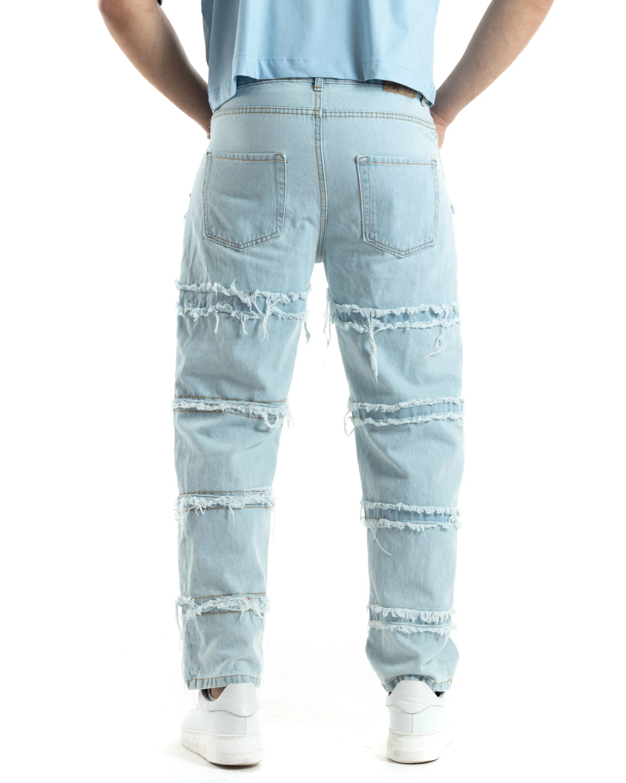 Pantaloni Uomo Jeans Baggy Sfrangiato Denim Chiaro Fondo Largo Ampio GIOSAL-JS1022A
