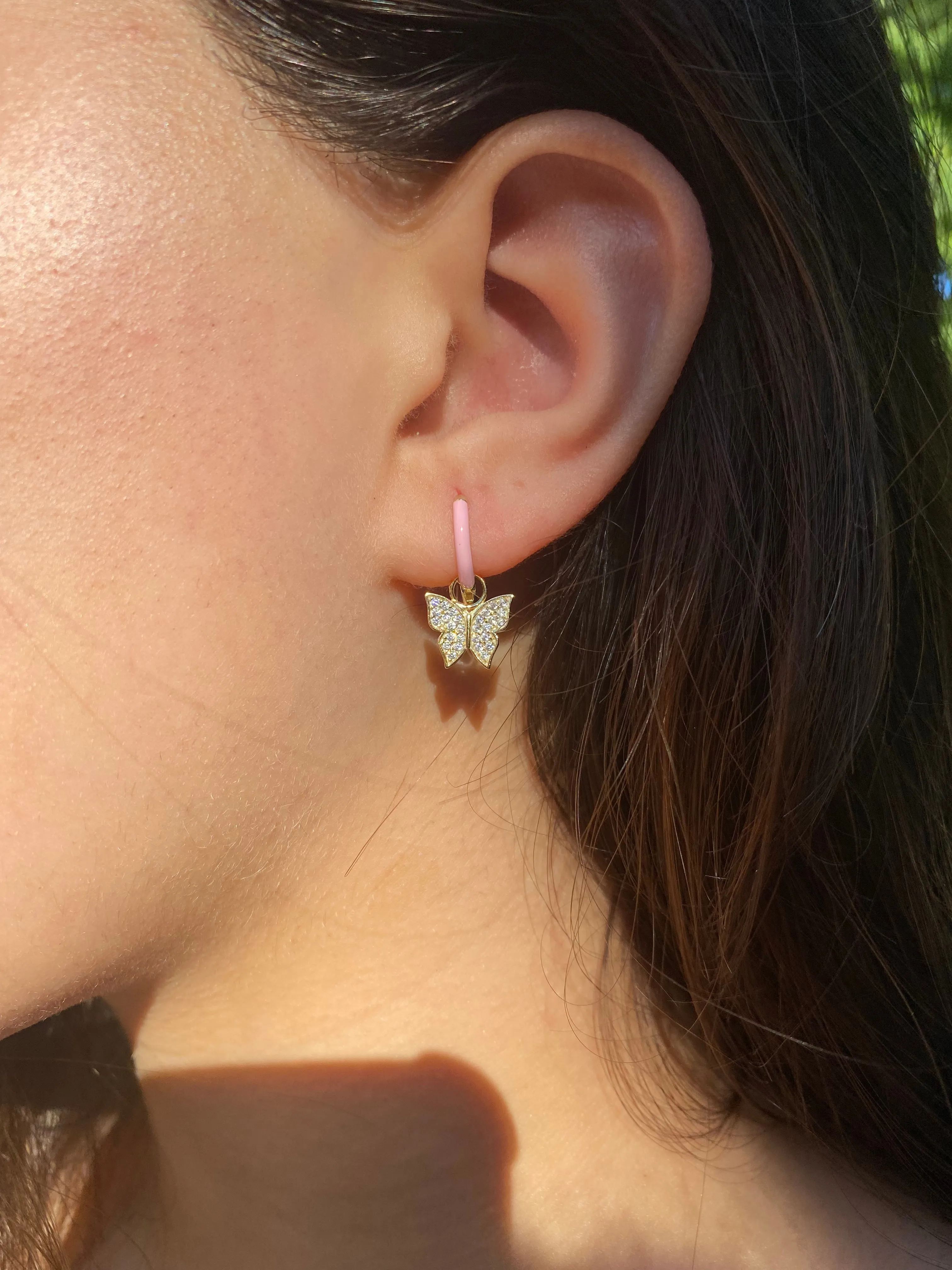 Pink Enamel Butterfly Hoop Earrings